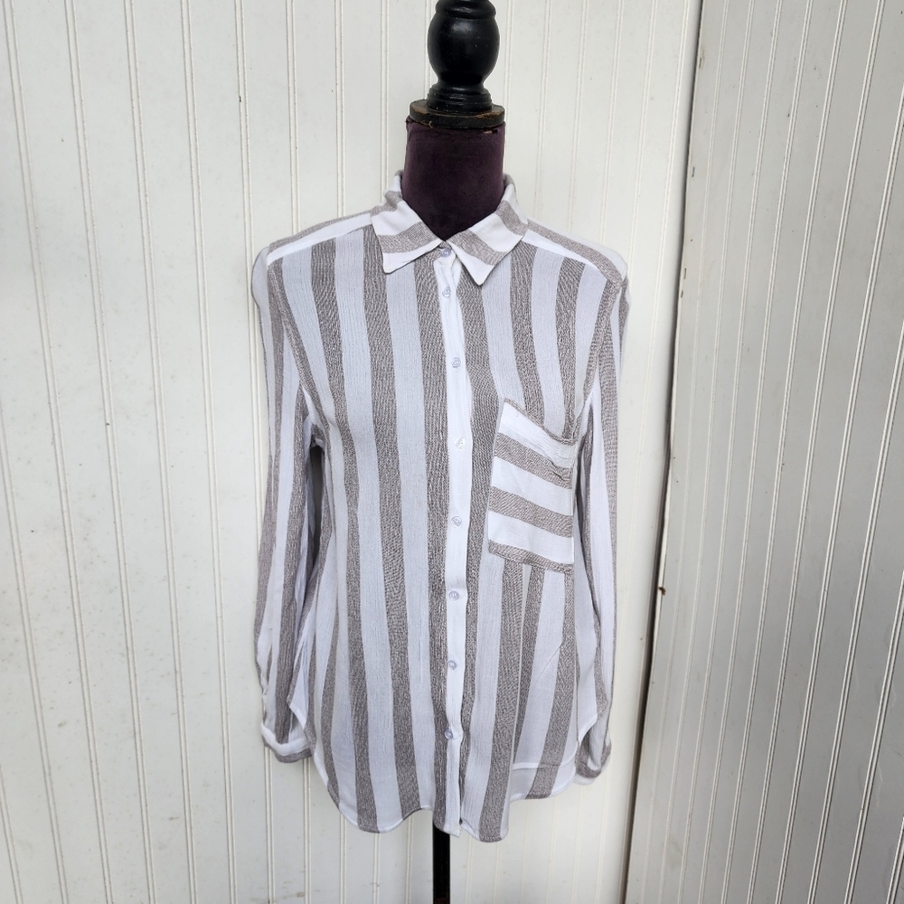 T Tahari Shirt Womens Beige White Striped Collar Roll Tab Lightweight Stretch M